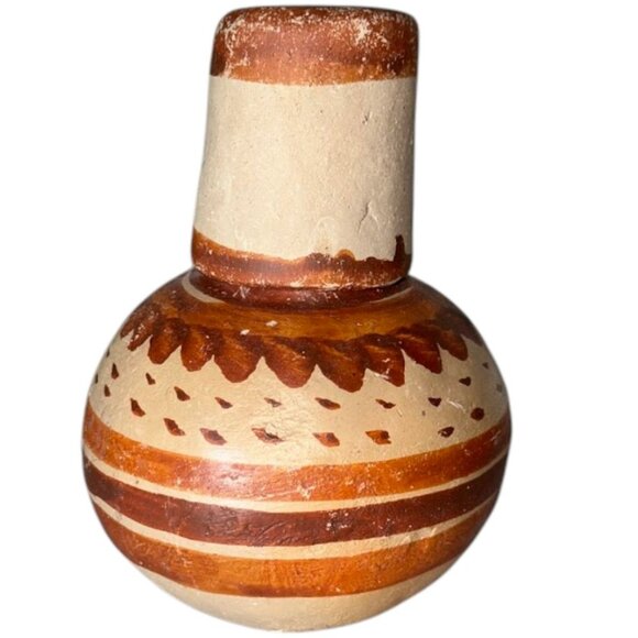 Vintage Small Mexican Folk Art Pottery Botellon Tumble Up Jug w/ Cup - Picture 2 of 3